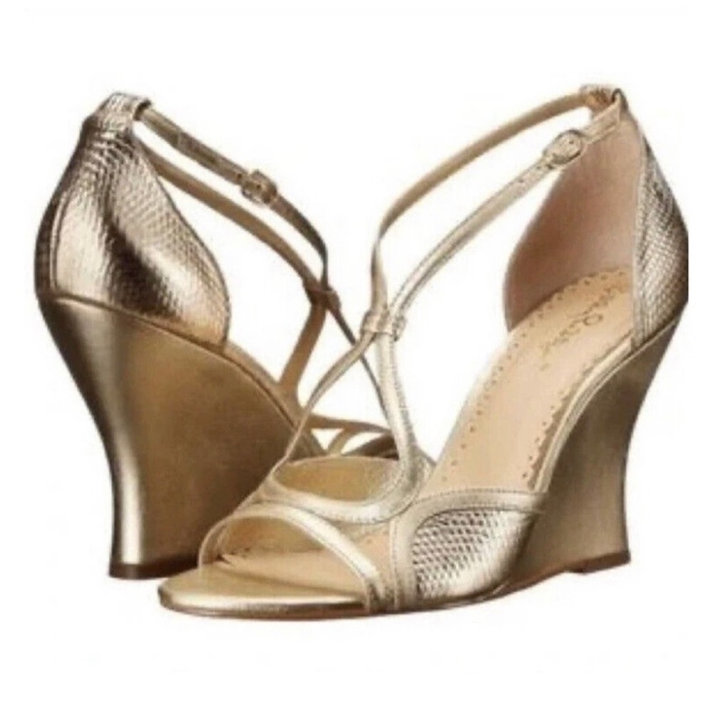 Lilly Pulitzer Janie Wedge 8 Metallic Gold Leather
Open Toe Sling Back Buckle
